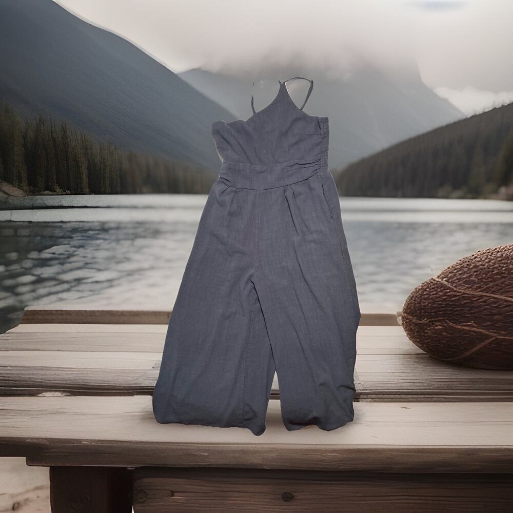 Anrabess Gray Linen Jumpsuit Women’s Lrg SpaghettiStrap Wide Leg Flowy Boho Chic
